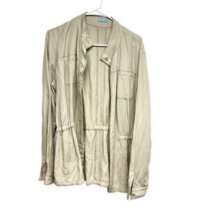 J. McLaughlin Khaki Vista Linen Blend Sky Button Up Snatched Waisted Jacket L